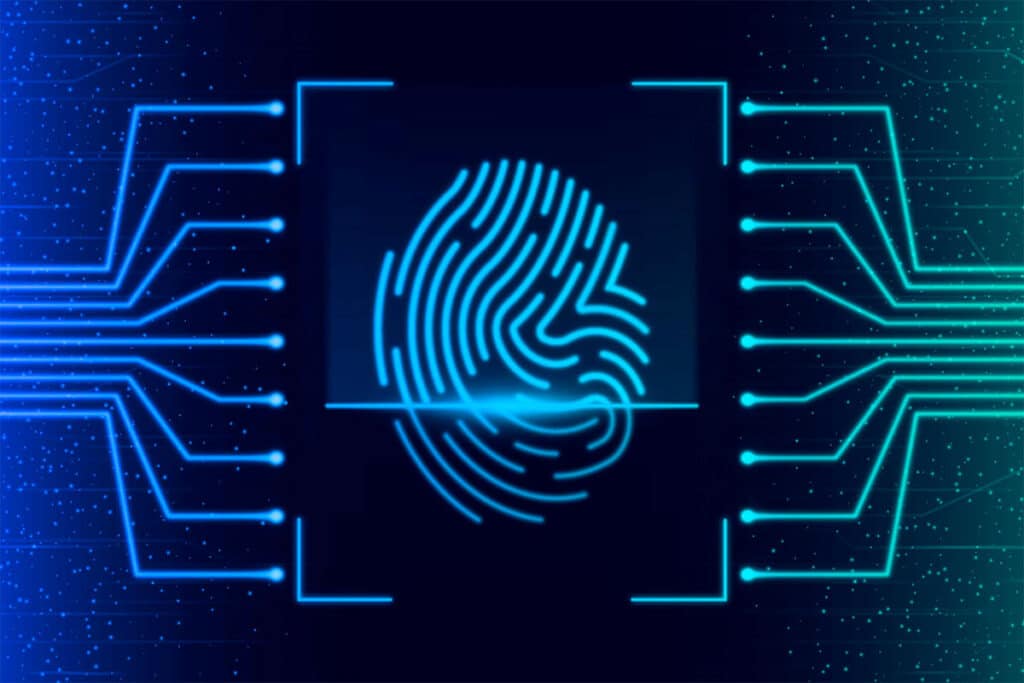 AI in communications blog cover showing a digital fingerprint with graphic overlays indicating technology