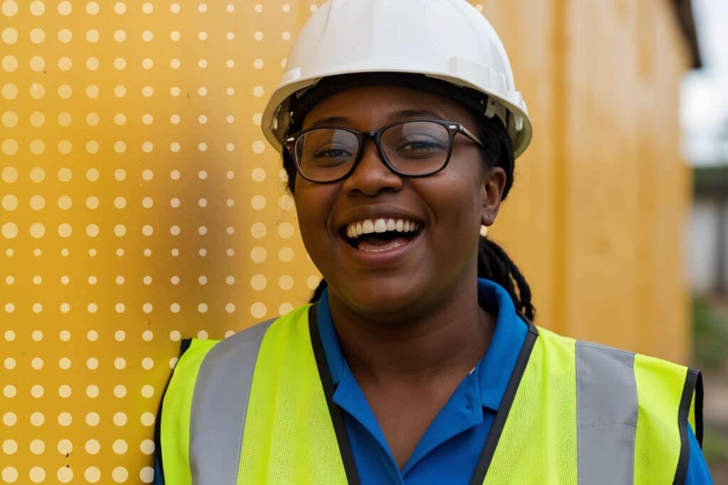 An African-American frontline worker leaning against a wall representing internal communications for large workforces