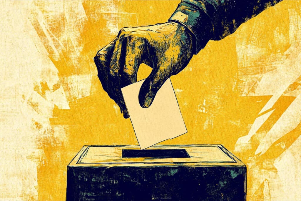 illustration of a hand placing a ballot in a voting box for a commskit article about how internal communications strategy is not a democracy by Louise Cunningham