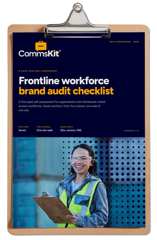 Frontline Brand Audit checklist showing a clipboard with a checklist for comms managers for large frontline companies