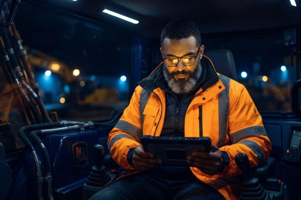 Frontline worker wearing PPE, sitting in the cab of a truck, reading about the hidden costs of poor internal communication