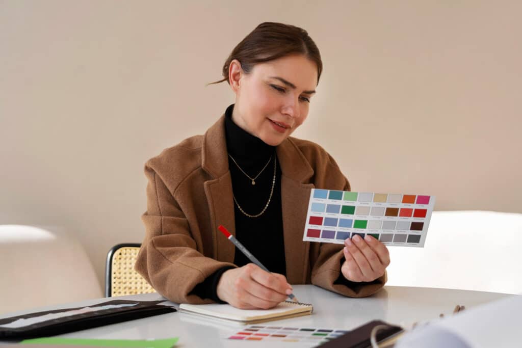 a female brand manager look at swatches for colour in internal communications