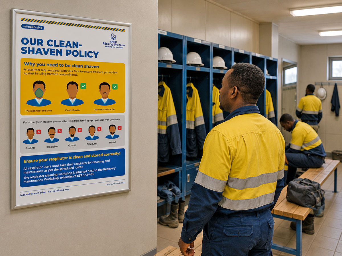 Employee engagement campaign showing a frontline worker in a change room looking at a poster