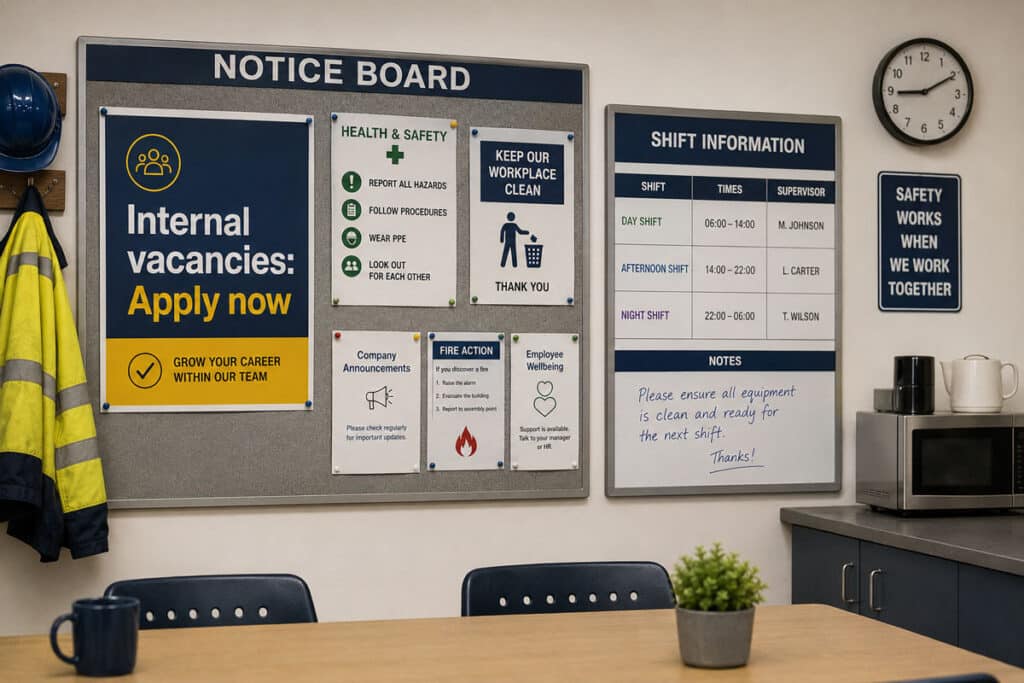 Notice board and shift information in an industrial break room, showing employer brand for frontline workers in practice