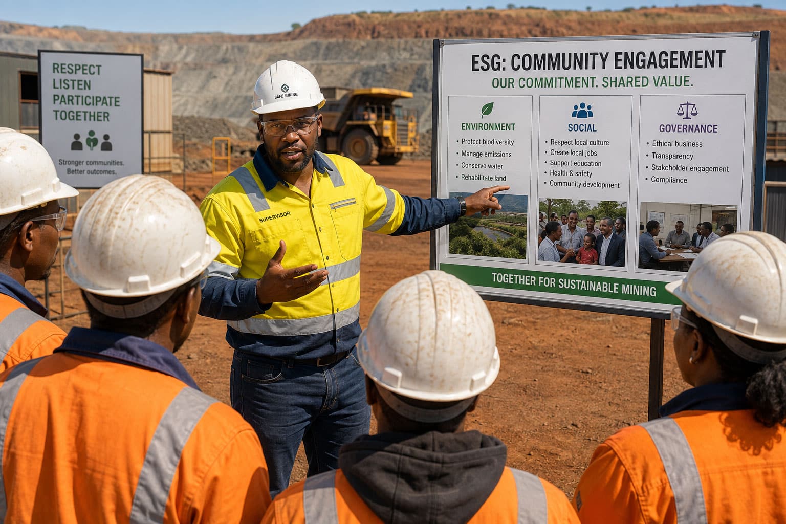 Mining supervisor briefing frontline workers on ESG community engagement in mining projects on site