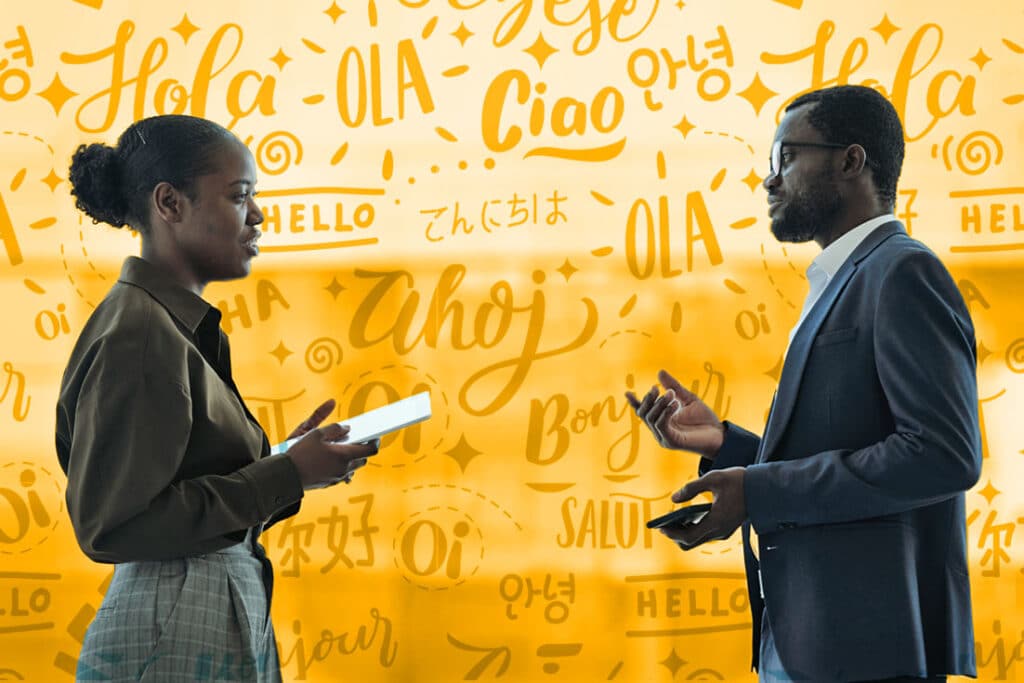 Multilingual Internal Communications represented by two people speaking with a graphic background showing different languages